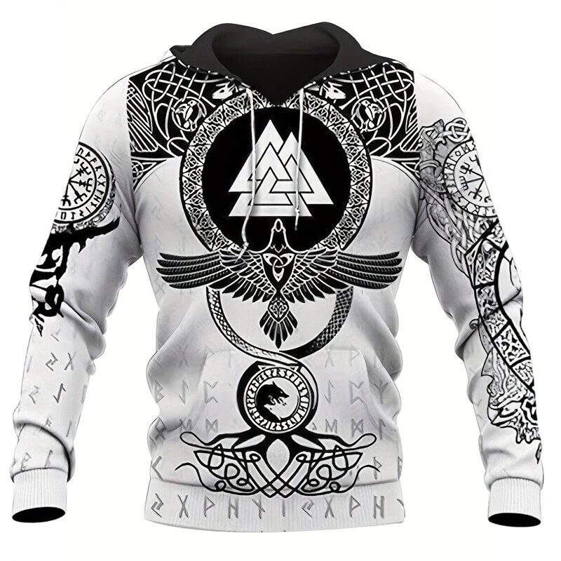 Cross-Border Spring and Autumn Style Long Hoodie with Nordic Viking Runes, Raven and Wolf Black and White 3D Pattern, Hooded Long-Sleeve Sweatshirt Cross-Border Spring and Autumn Style Long Hoodie with Nordic Viking Runes, Raven and Wolf Black and White 3D Pattern, Hooded Long-Sleeve Sweatshirt