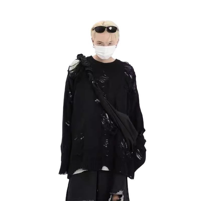 Cuello redondo perezoso alto calle suéter de los hombres de otoño e invierno marca de moda suelta hip hop rasgado diseño de dos lados sentido nicho suéter
