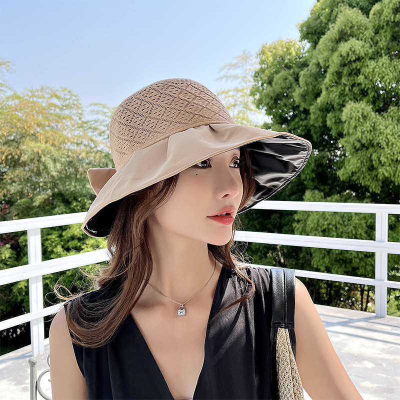 Fashion Sun Protection Block Uv Knit Breathable Vinyl Wide Brim Big Bow Hat display picture 1