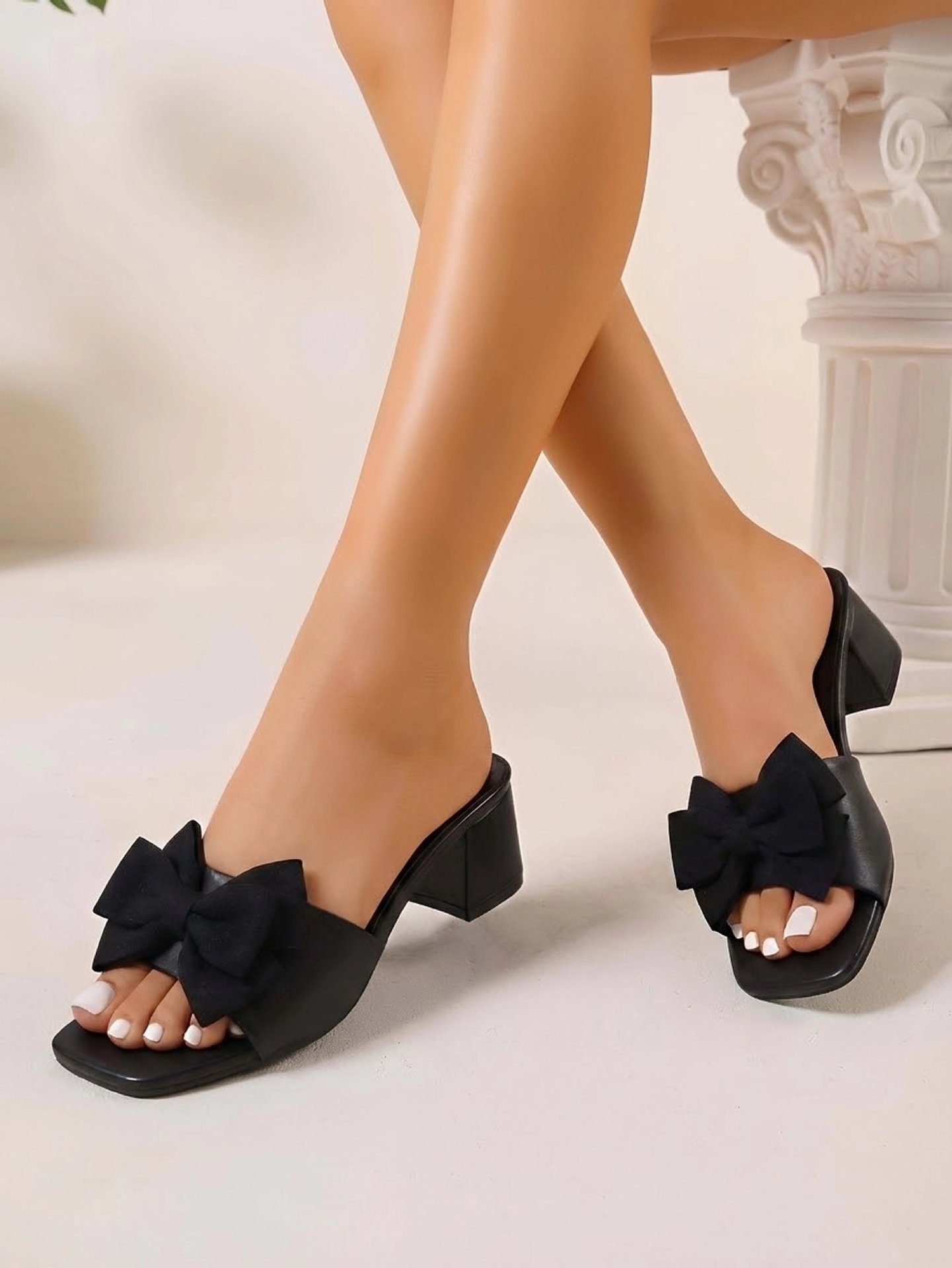 Summer Style Women's Square Toe Sandals plus Size Bow mid Heel Flip Flops_voghion.com
