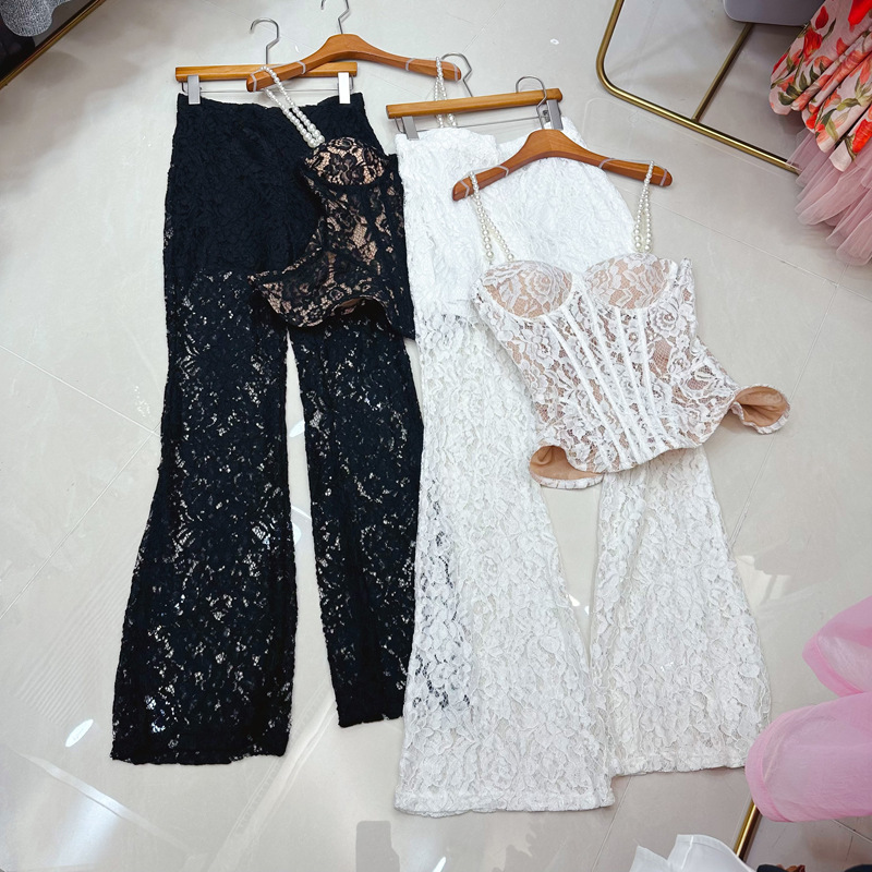 南油欧米風レース刺繍フィッシュボーンパールホワイトキャミソール+ストレート微フレアパンツセット|undefined