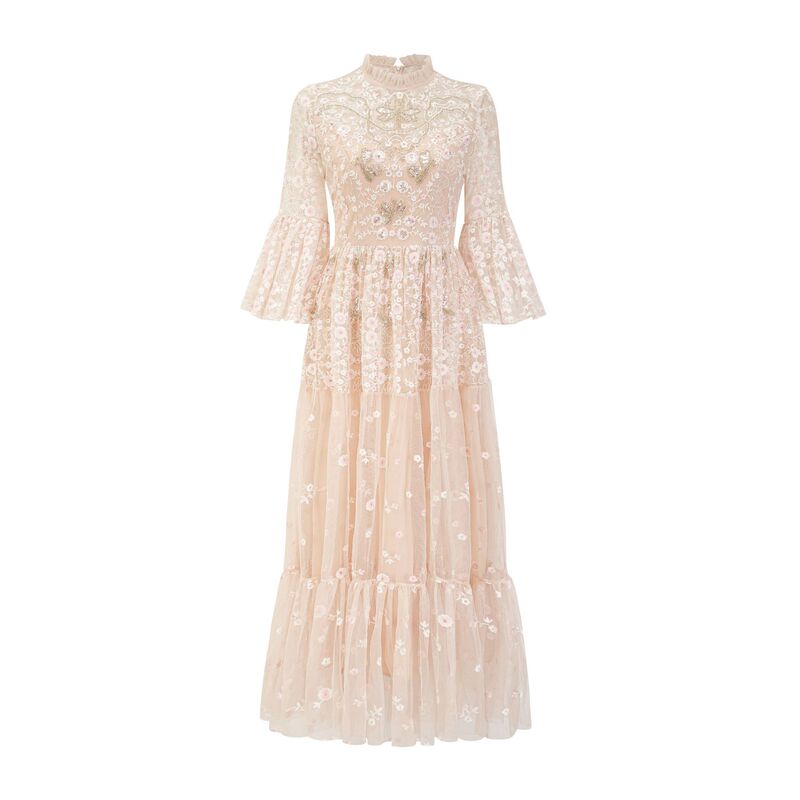 Pink String small flower mesh embroidered dress bell sleeve 7-point long dress birthday party dress