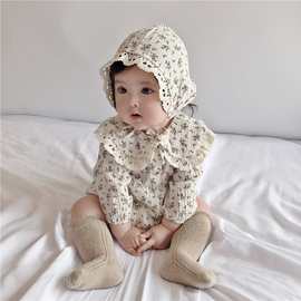 童装春秋韩版女宝宝碎花包屁衣婴幼儿蕾丝边娃娃领哈衣连体服送帽