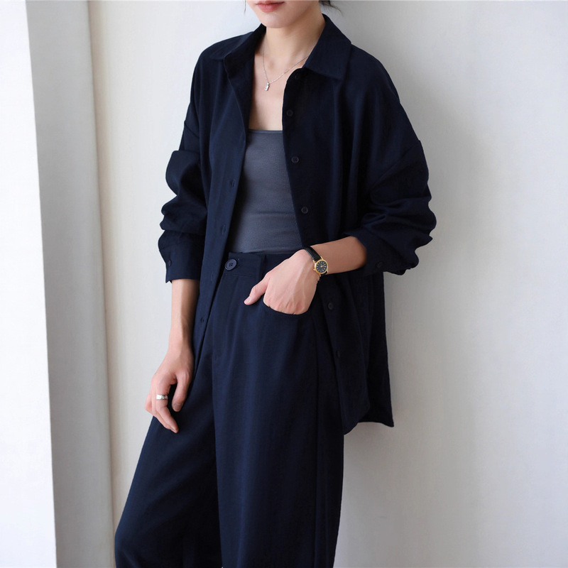 2026 Autumn New Old Money Style Sun-Protective Linen Shirt Set for Women with Drapey Wide-Leg Pants, Elegant Loose Two-Piece Set