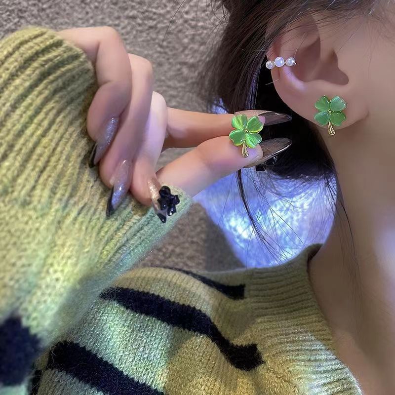 Ear Studs Classification 1 Pair Sweet Leaf Flower Inlay Alloy Cat's Eye Stone Ear Studs
