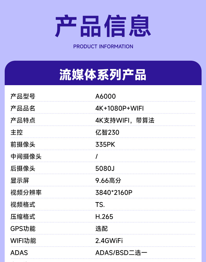 W 10inch Car Distance Display Driving Recorder 4K Hd 360 ° Panoramic Adas/Bsd Mobile Phone-Connected Reversing Camera
