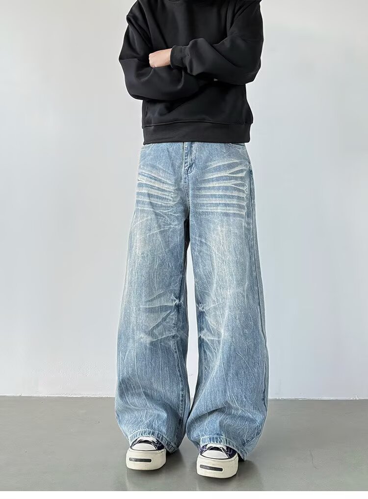 Wide Leg Denim Jeans With Lightning Bolt Pattern For Men And Women_voghion.com
