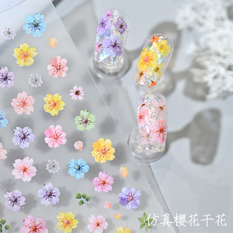 Nuevo color de flor de cerezo seco pegatinas de uñas en línea simulación micro-relievo nuevo tipo de pegatinas de uñas de flores picadas