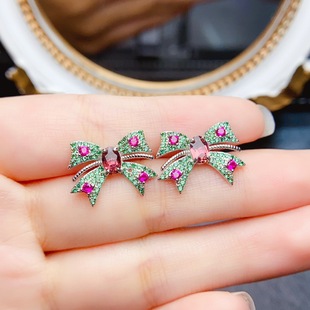 New natural tourmaline earrings S925 silver inlaid main stone 4*6mm Joker net red explosions women's jewelry wholesale