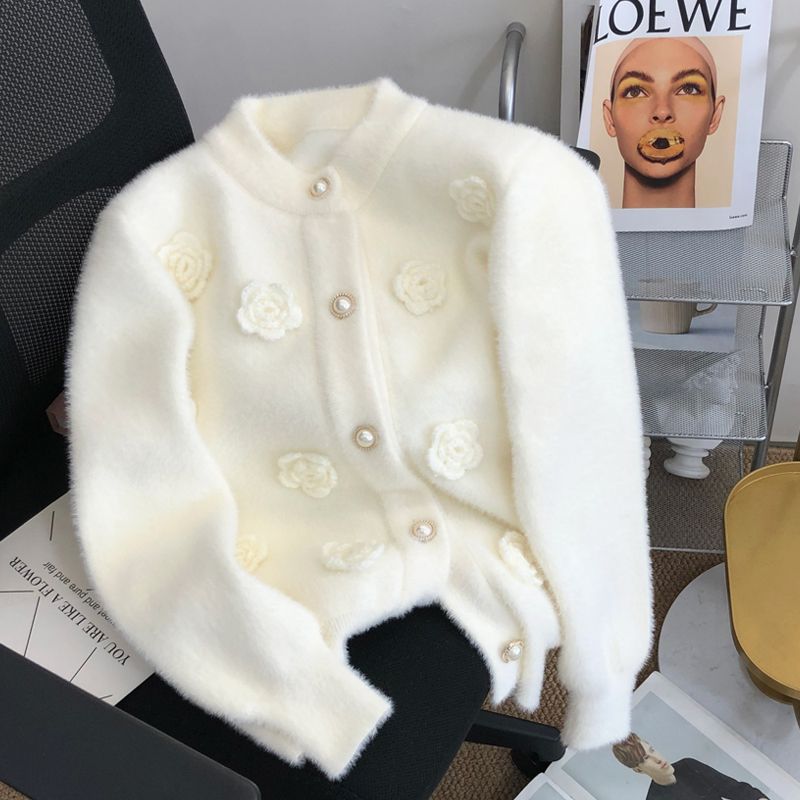 新款超仙针织毛衣女立体花朵洋气仿貂秋冬绒毛立体甜美秋冬外套女