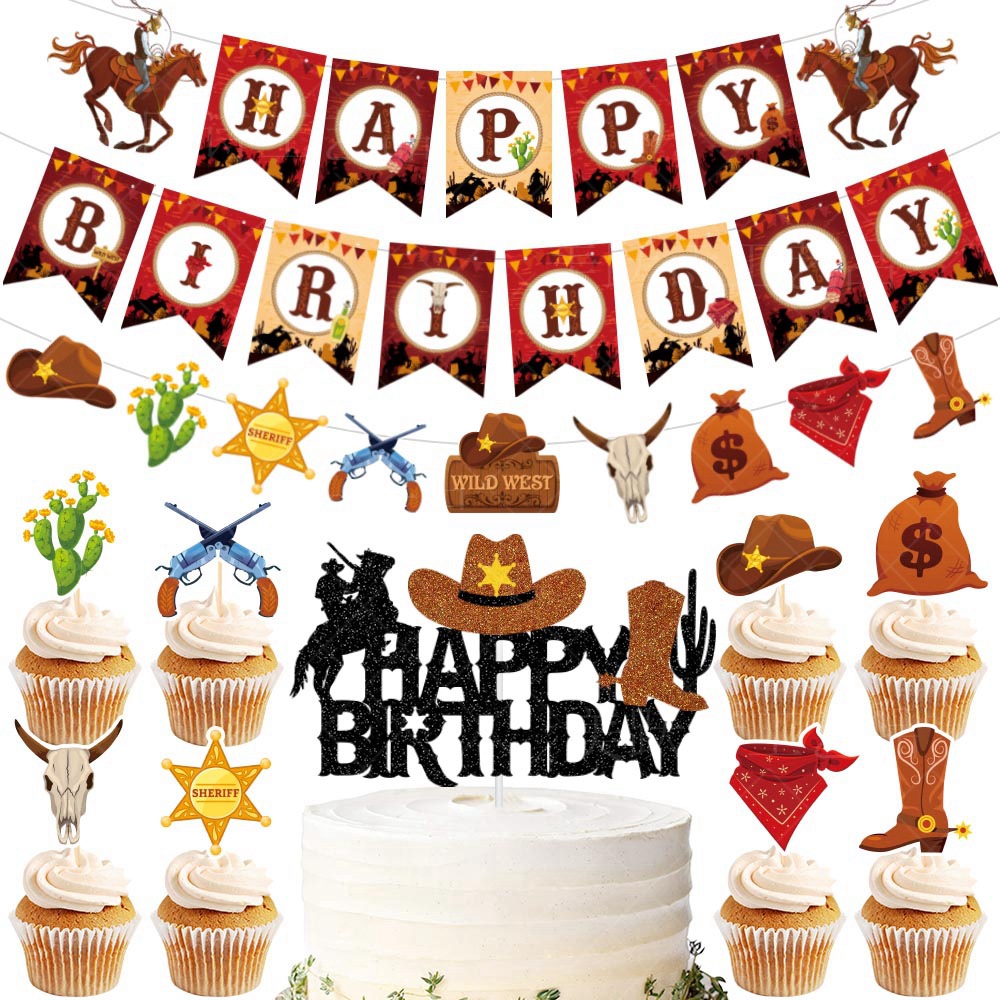 Nuevo Western Denim vaquero tema fiesta de cumpleaños decoración cumpleaños bandera pastel tarjeta plug-in