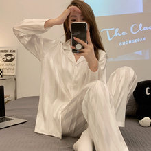 睡衣女春秋款冰丝绸长袖网红韩版家居服夏季女士竖条纹可外穿套装