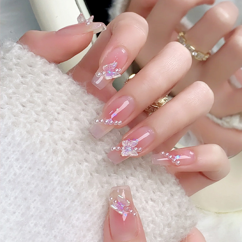 Tiktok popular wear nail pure desire blush gradient Aurora Butterfly manicure wearable nail nail nail nail sticker fake nail