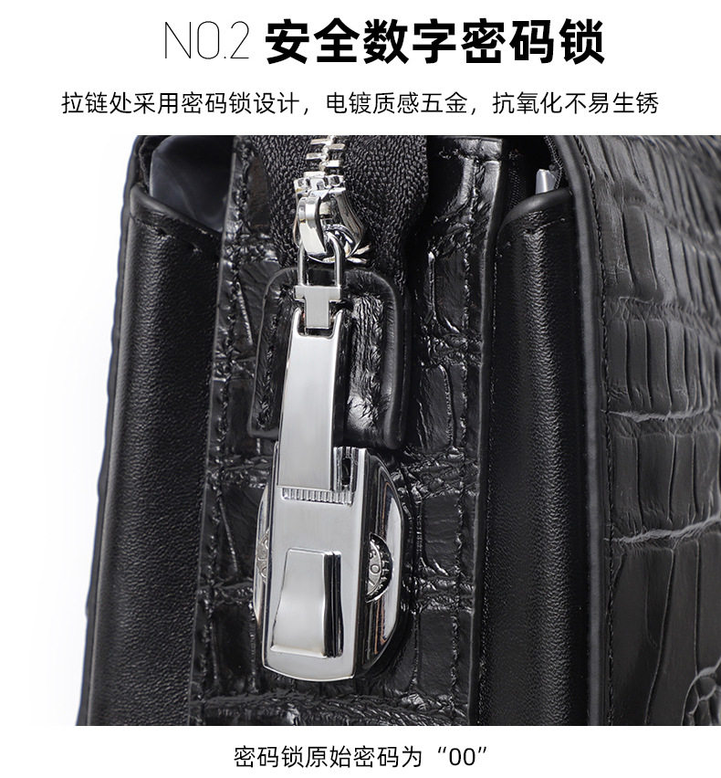 Túi xách tay nam da bò vân cá sấu khóa số, cặp công sở da thật định hình cao cấp 37×7×26 cm — Da bò lớp đầu màu đen chi tiết 8