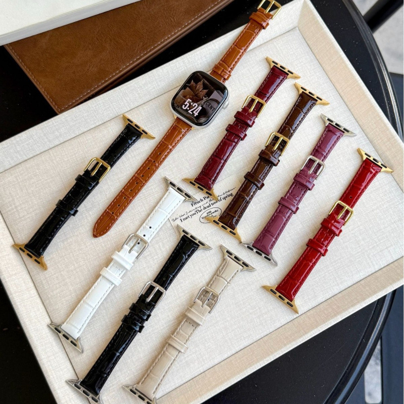 Burgundy Fine Glossy Bamboo Pattern Genuine Leather Suitable for Applewatch11 Apple Watch Se Xiaomi Huawei Watch Strap New