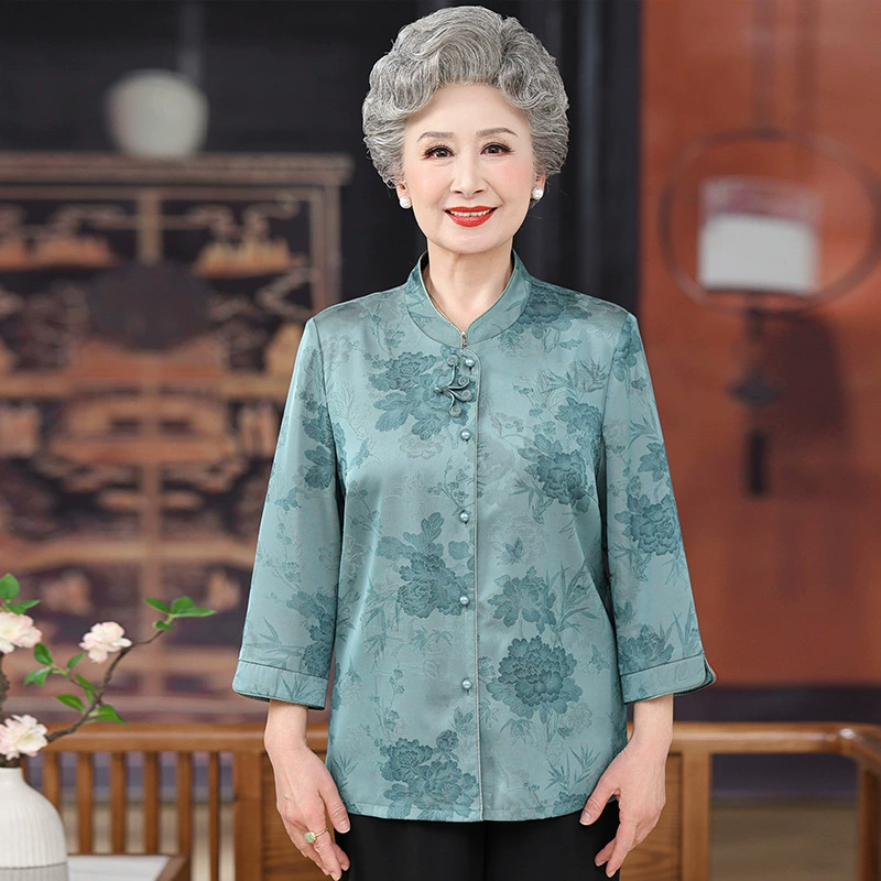 Летняя рубашка для мамы, женская, 2025 новый стиль, для женщин среднего и старшего возраста, топ с рукавом три четверти, благородная китайская одежда для бабушки