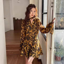 2025春夏新款豹纹乔其印花面料女装连衣裙短裙广州十三行短袖立体