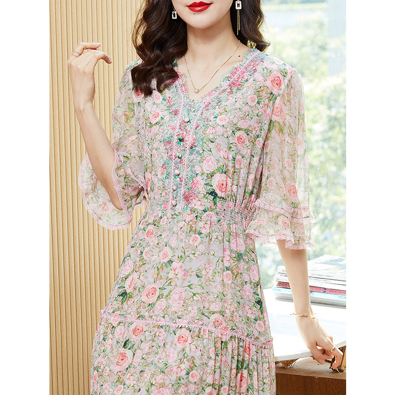 Silk Dress Spring/Summer 2026 New Model for Women, High-End Elegant Floral Stunning Slimming Mulberry Silk Long Dress