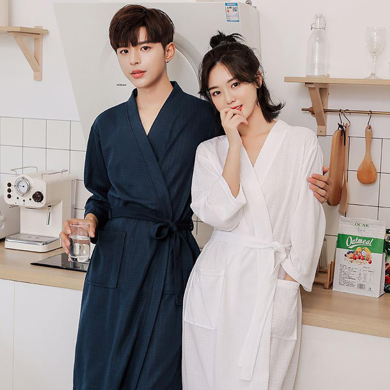 Live Broadcast Spring and Summer Thin Waffle Bathrobe Long-Sleeved Morning Robe Couple's Pajamas Mid-Length Bathrobe Plus Size Men's Wholesale