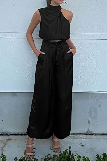 Women's 2-piece Summer Casual Sleeveless Collar Open Navel Top Wide Leg Pants Set_voghion.com