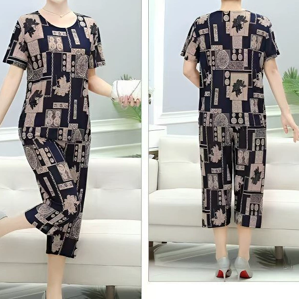 母亲节夏季冰丝套装妈妈短袖圆领洋气两件套中老年人奶奶夏装薄款