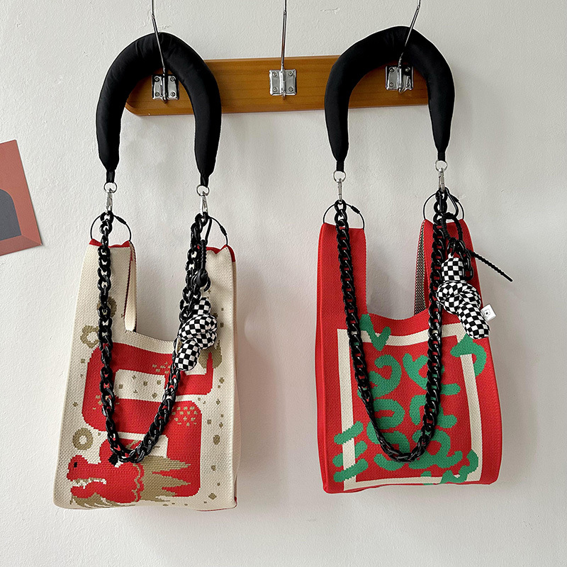 Bolso de mano tejido del Año Nuevo del Dragón 2025, versátil, de gran capacidad, rojo, festivo, pequeño, para regalo.