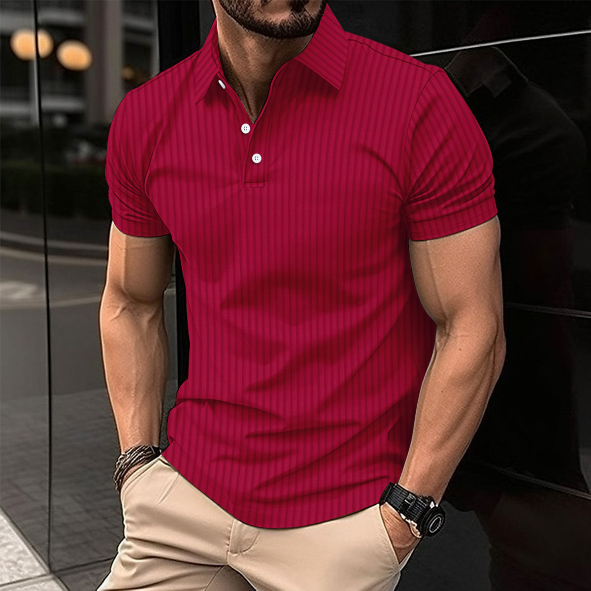 Men's Vertical Stripe Polo Shirt Lightweight Breathable Casual Top_voghion.com