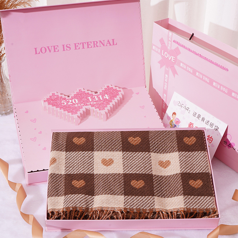 Three-dimensional love gift box + brown love plaid scarf