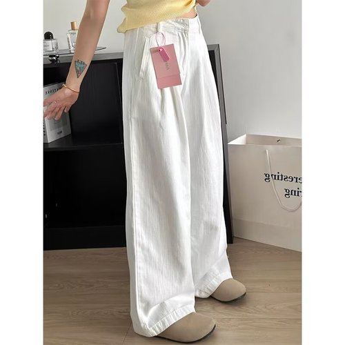 Women's Spring and Summer White High-Waisted Wide-Leg Denim Pants with Pleated Texture Design, Versatile Straight Leg Pants that Make You Look Taller and Floor-Length