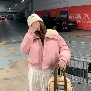 外贸羊羔毛大翻领短款棉衣2025女冬季新款加厚保暖休闲学院风外套