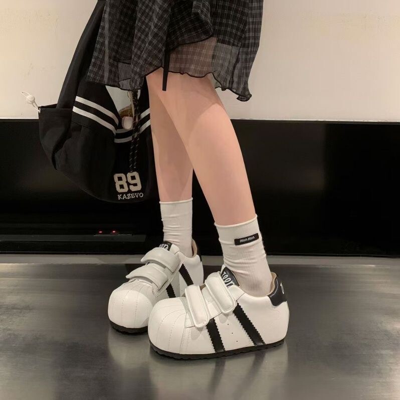 贝壳头魔术贴大头厚底面包板鞋女2025年新款百搭透气休闲小白鞋|undefined