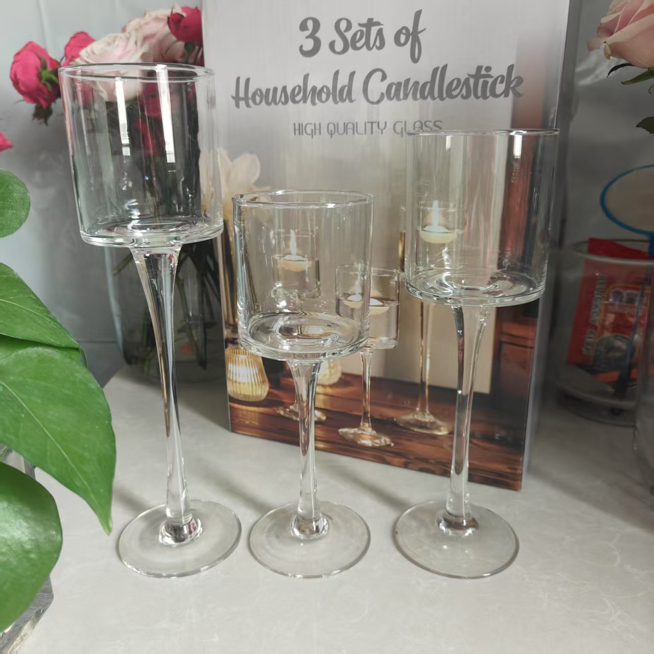 透明玻璃烛台摆件3件套高档礼盒包装欧式餐厅桌面装饰透明蜡烛杯