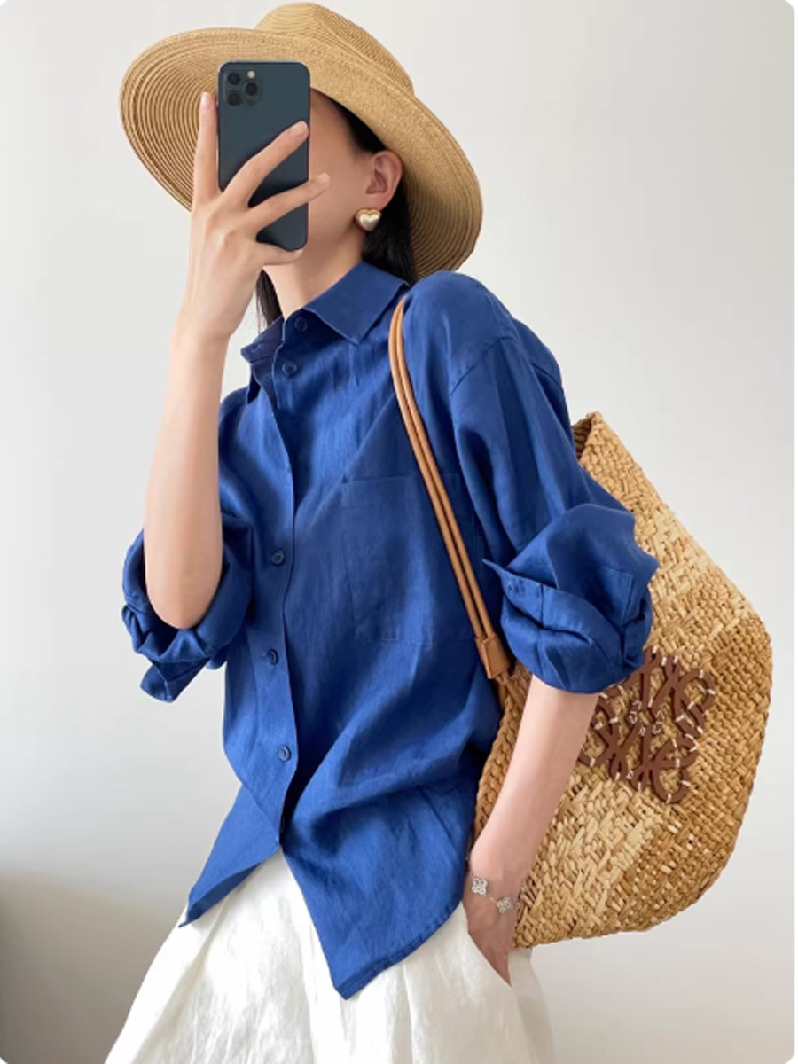 Áo sơ mi nữ linen Pháp Klein Blue dáng rộng chống nắng mùa hè — màu trắng, Xanh da trờicolor