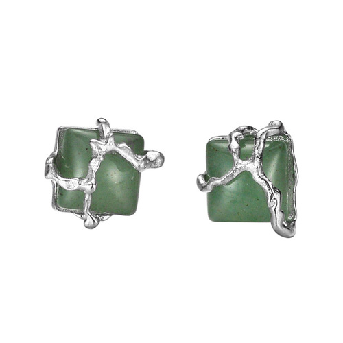 E1245 New Chinese Style Earrings for Women Simple and Fresh S925 Sterling Silver National Trend Square Pearl Green Aventurine Jade Earrings