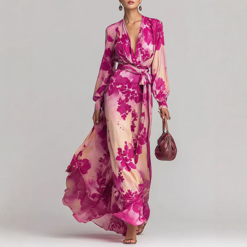 2026 Cross-Border European and American Style Elegant and Stylish Spring New Long Dress with Printed Long Sleeves, V-Neck, Casual Tie-Up Dress