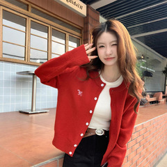 韩版温柔风休闲长袖圆领刺绣针织开衫女2025春秋宽松显瘦毛衣外套