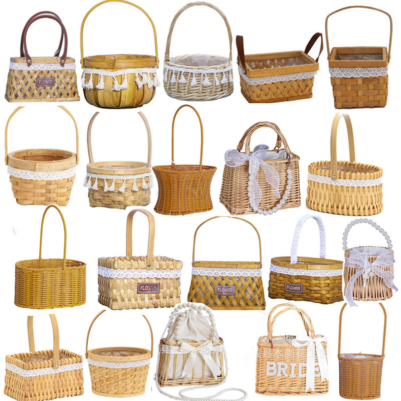 Hand-Woven Wooden Slices Decorative Rattan Mother's Day Flower Basket Pastoral Souvenir Handbag Flower Arrangement Small Basket Hand-Woven Wooden Slices Decorative Rattan Mother's Day Flower Basket Pastoral Souvenir Handbag Flower Arrangement Small Basket