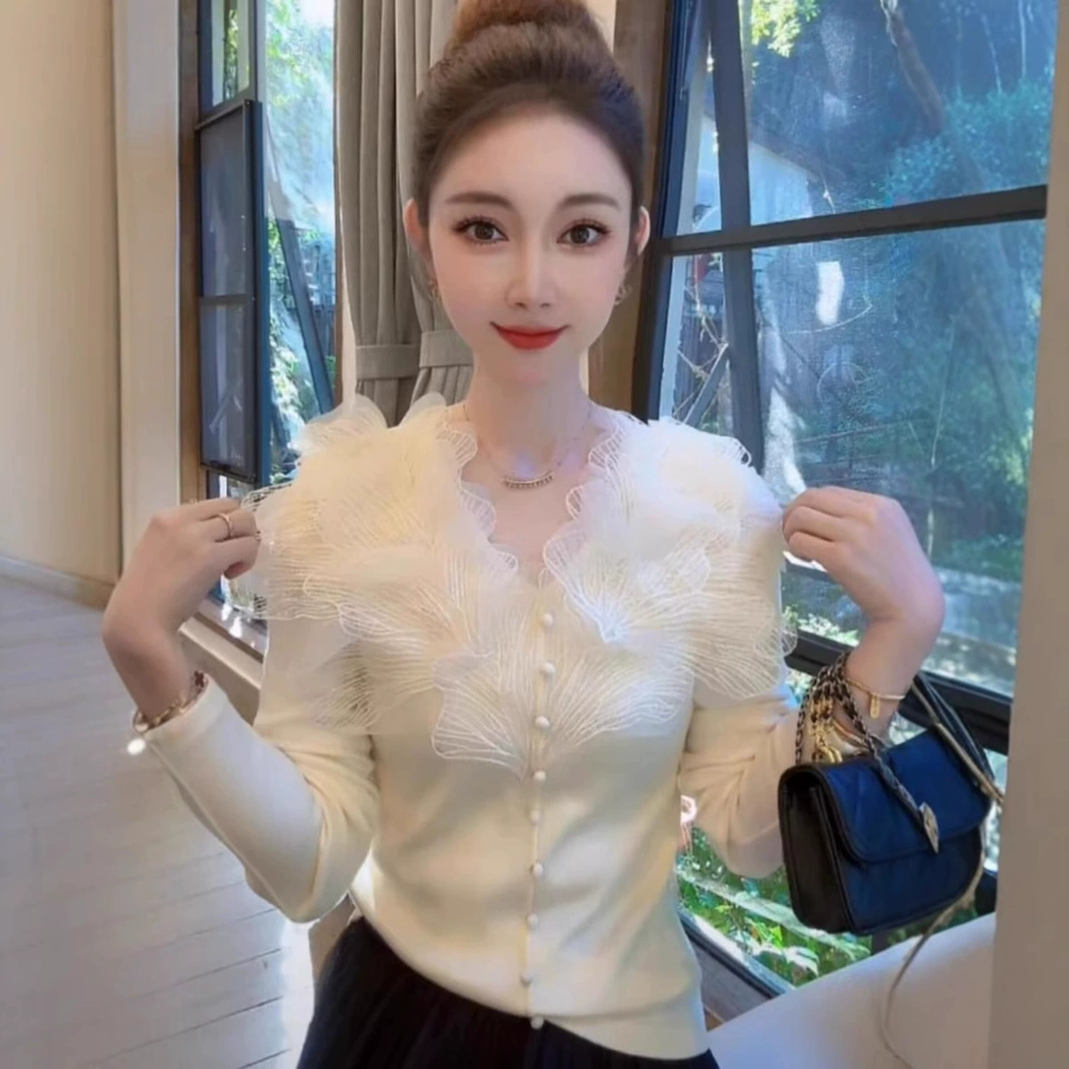 Прекрасный изысканный кружевной сшитый свитер женский осенний банкет сестры новый топ знакомства атмосфера трикотажный кардиган