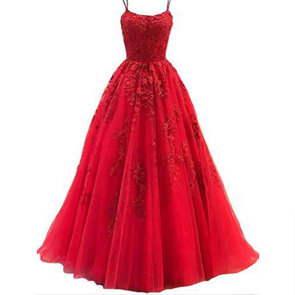 Amazon Comercio exterior espaguetis Correa baile vestido de noche largo tul encaje apliques vestido de fiesta de las mujeres image 5