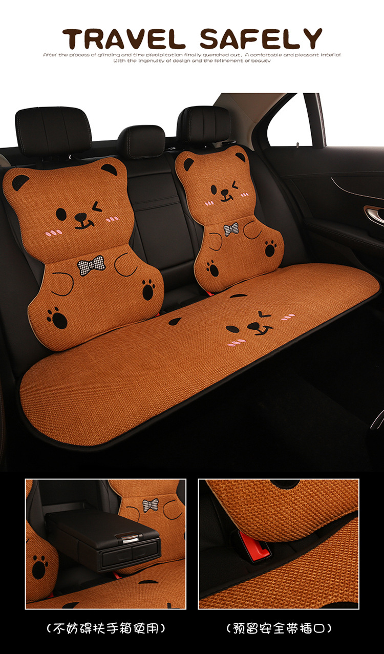 Car Seat Cushion Bear Cartoon Four-Season Universal Non-Slip Anti-Dirt Linen Seat Cover Protective Cover Full-Cover Linen Cartoon