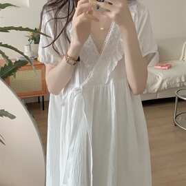 实拍 夏季新款睡衣女韩系简休闲花边系带睡裙家居服