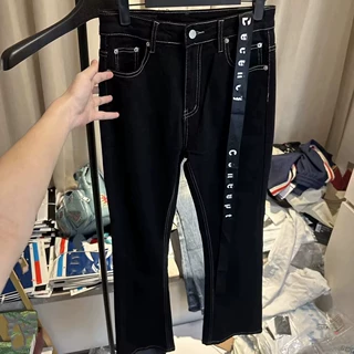 现货夏季美式RO微喇高街飘带黑色牛仔裤轻奢痞帅修身直筒长裤子潮