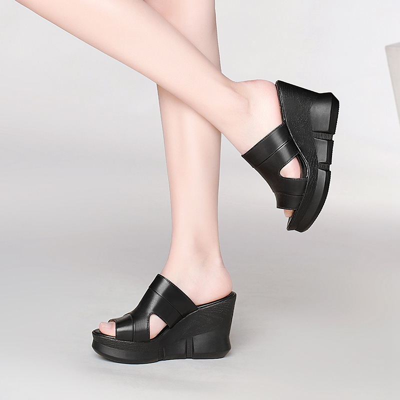 Sandal nữ da bò mũi cá gót xuồng cao đế dày phong cách mới xuân hè — Màu đen