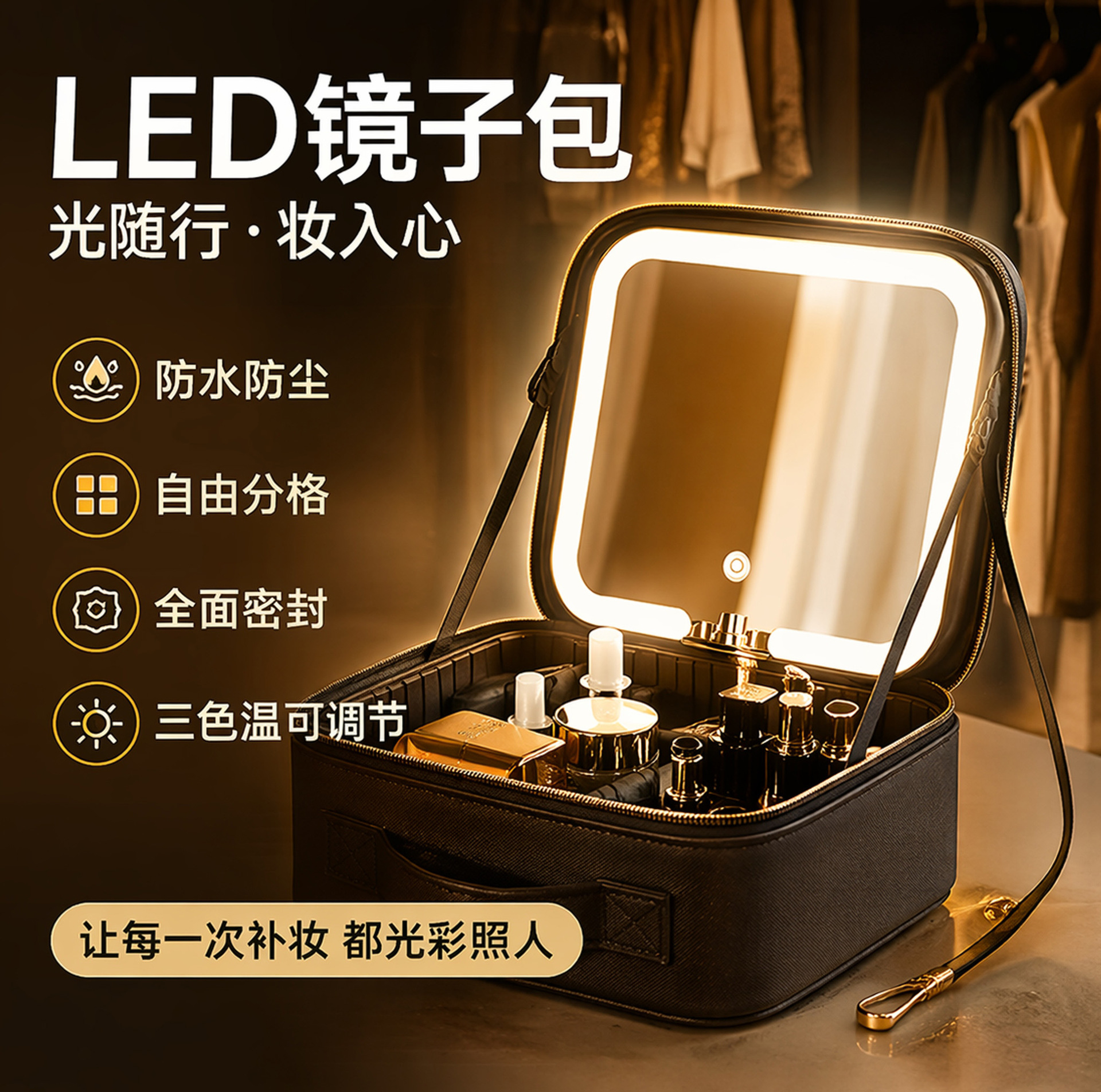 New model mirror makeup bag, waterproof, with LED light, large capacity, portable storage bag for travel and outings