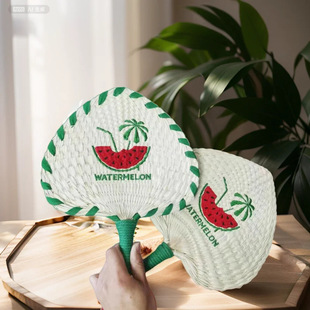 Handmade Woven Strap Small Cattail Fan, Creative Cute Watermelon Summer Fan, Mini Portable Straw Woven Round Fan, National Trend Style