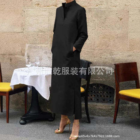 2025 New Style Slit Long Robe, Large Robe, Long Gown, Cross-Border Foreign Trade Fashion Long Gown, Stand Collar, Cotton and Linen