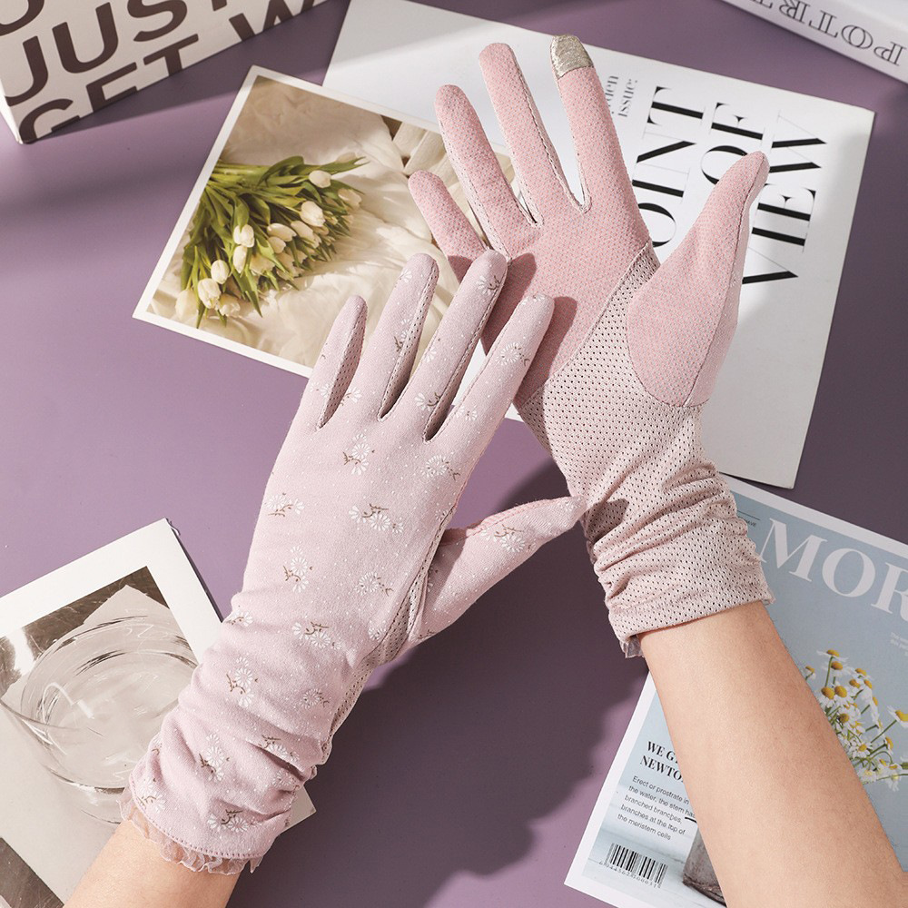 Guantes de protección solar para mujer en verano, protección UV, longitud extendida, hilo de algodón, para conducir y andar en bicicleta, pantalla táctil, antideslizantes, guantes finos de encaje