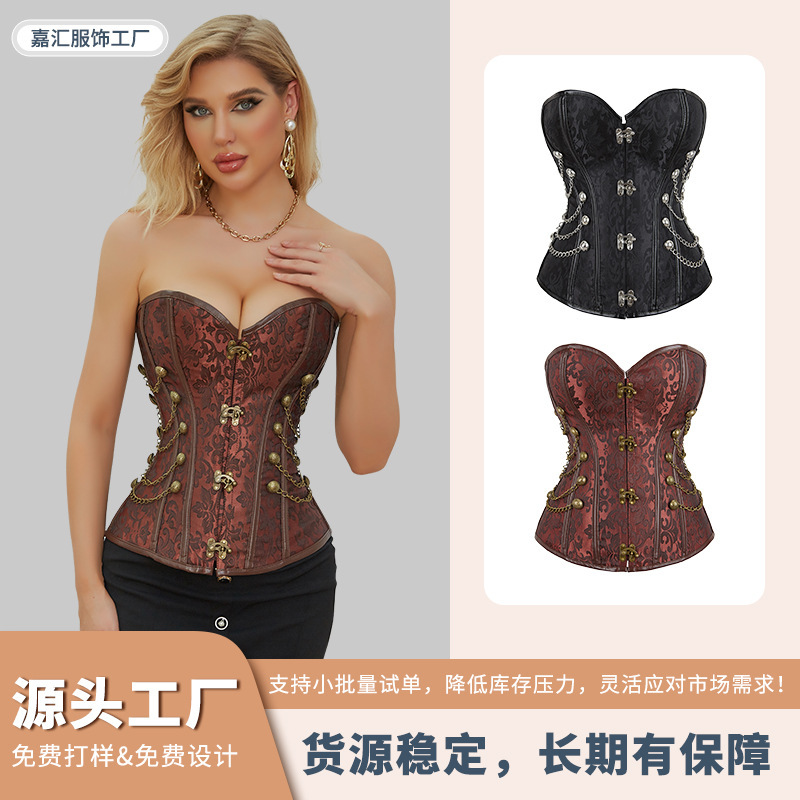 Cross-Border Bust-Enhancing Corset with Fishbone Support, Steampunk Style, Metal Chain Front Buckle, Back Tie-Up Corset