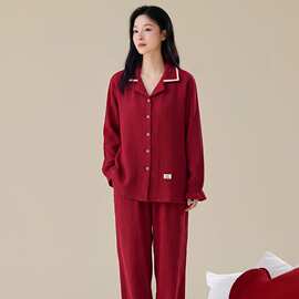 春秋新款纯棉纱布女士长袖开衫翻领睡衣大红结婚喜庆女家居服圆领