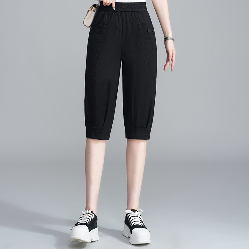 Black Cropped Pants for Women, Summer Thin Style, New Popular Model, Slimming Loose Mid-Length Pants, Ice Silk Harem Casual Pants